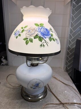 Vintage Milk Glass Gone With the Wind Hurricane Lamp Blue Roses Parlor Light